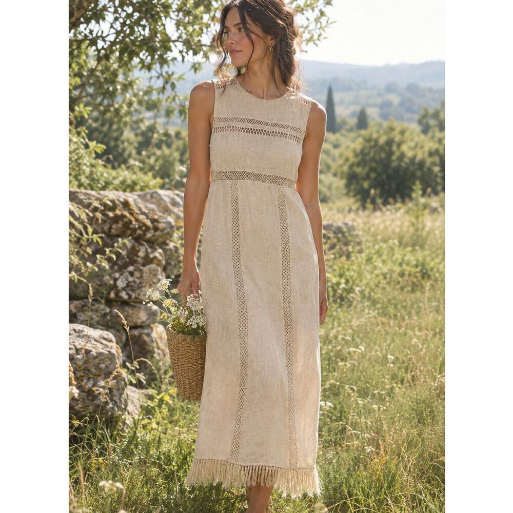 Doen 100% Silk Fringe Crochet Shift Dress
